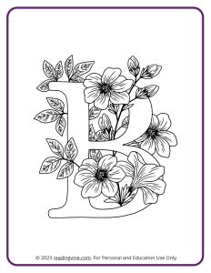 A printable coloring activity to practice learning ABCs - Floral B Design