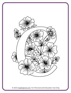 A printable coloring activity to practice learning ABCs - Floral C Design