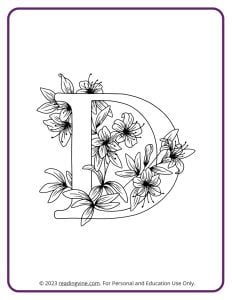 A printable coloring activity to practice learning ABCs - Floral D Design