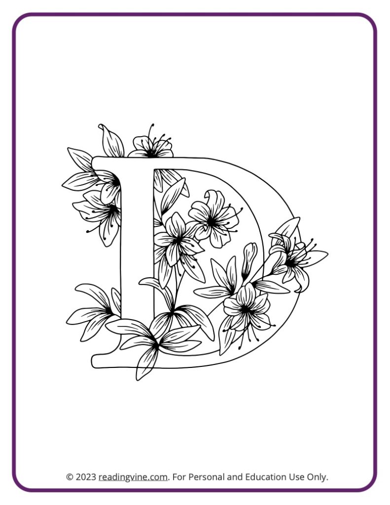 Letter D Coloring Page - Floral Theme