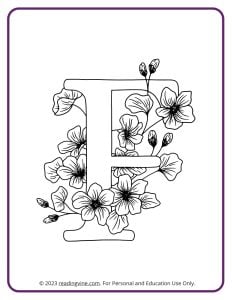 A printable coloring activity to practice learning ABCs - Floral F Design