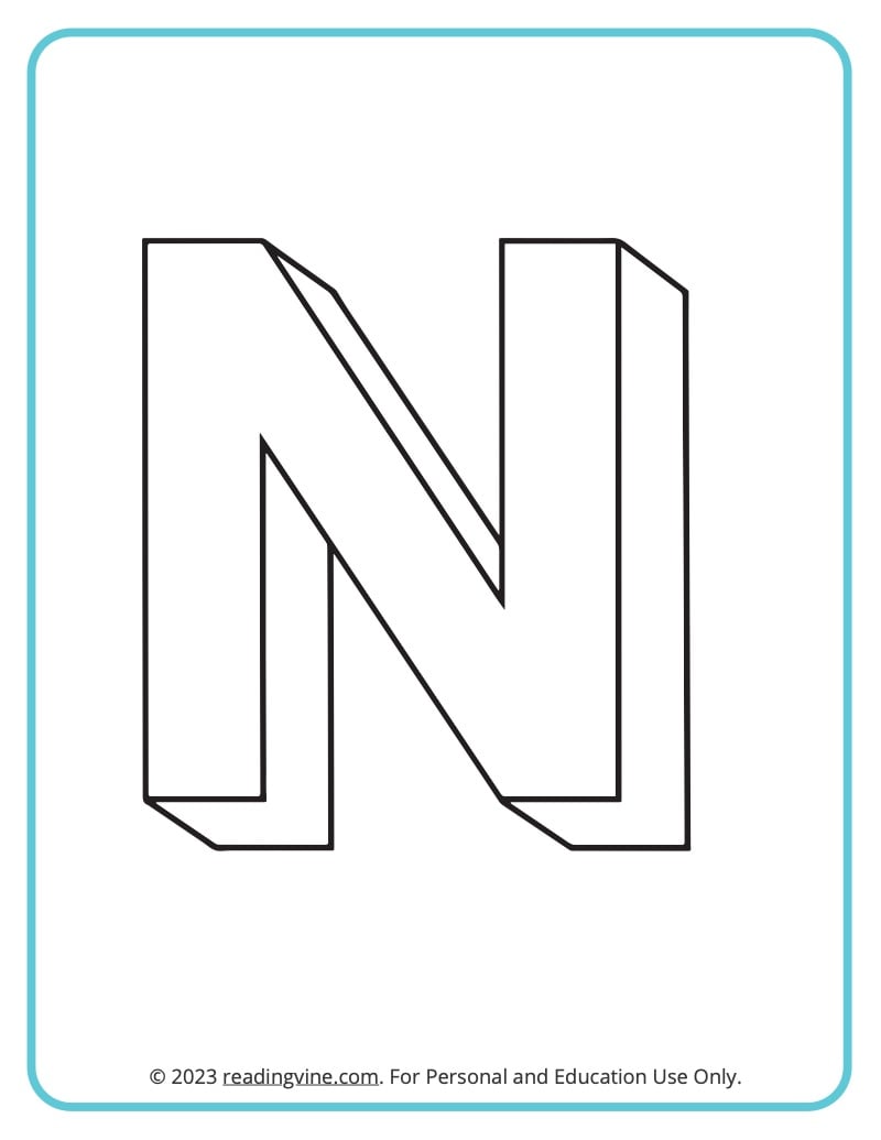 A printable coloring activity to practice learning ABCs - 3D N Drawing sheet