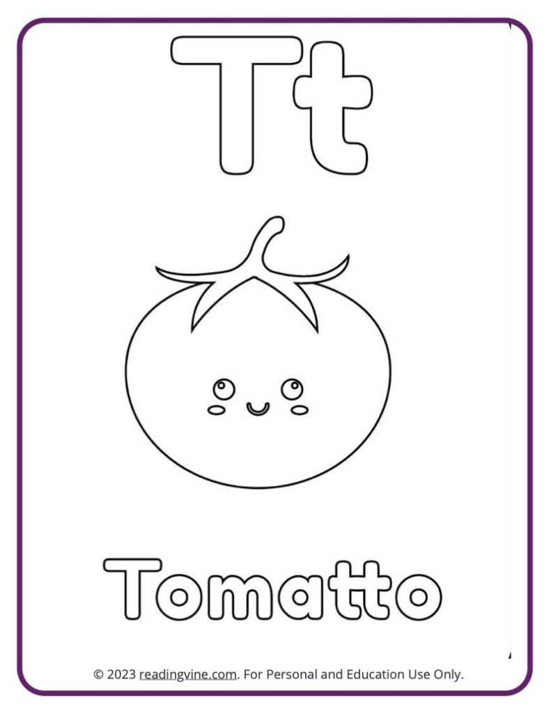 Letter T Coloring Sheet - Fruits and Veggies