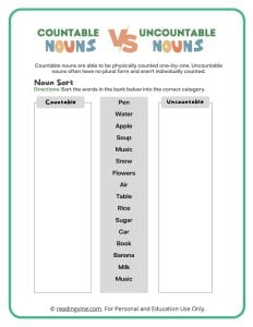 Sort the Uncountable Nouns and Countable Nouns Activity