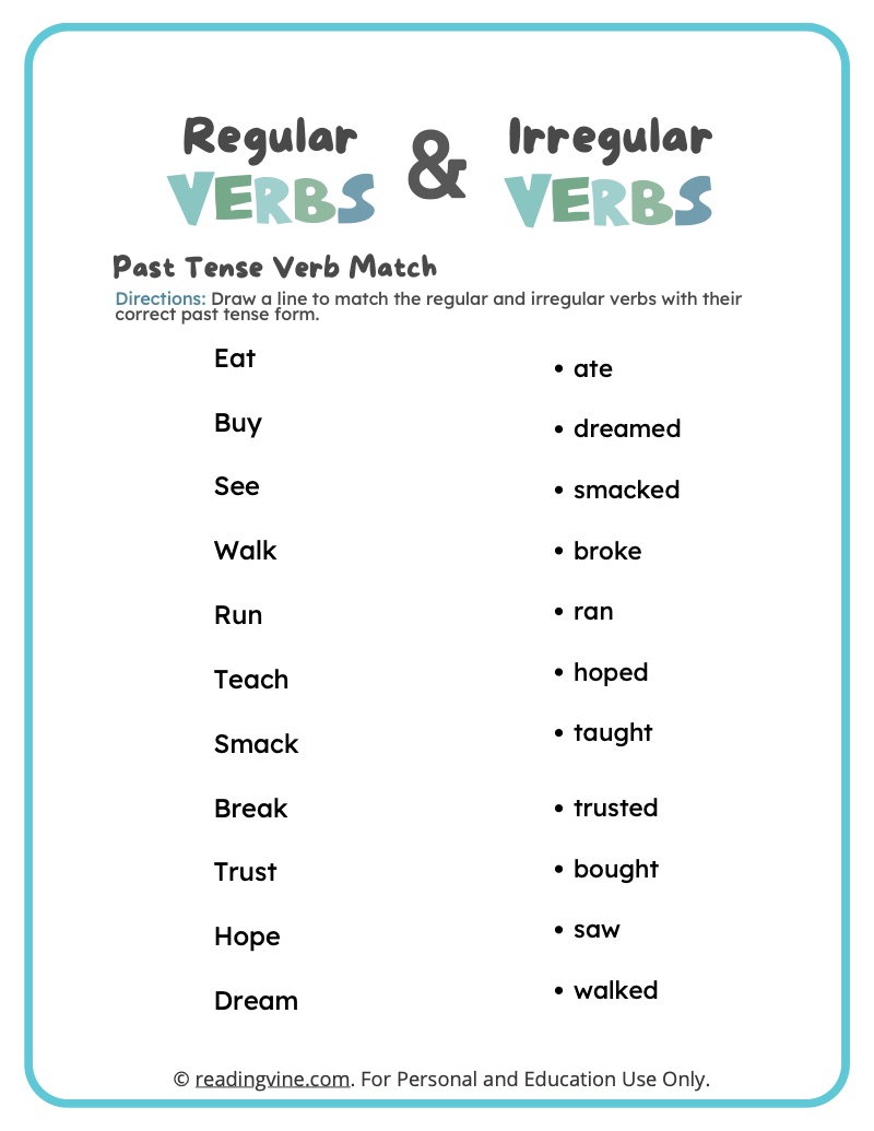 Irregular Past Tense Verbs Worksheets ReadingVine