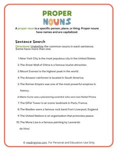Underline the Proper Nouns Printable Activity