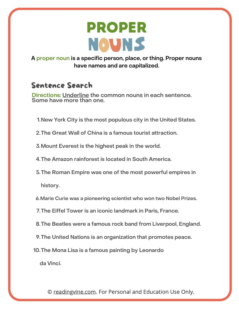 Underline the Proper Nouns Printable Activity