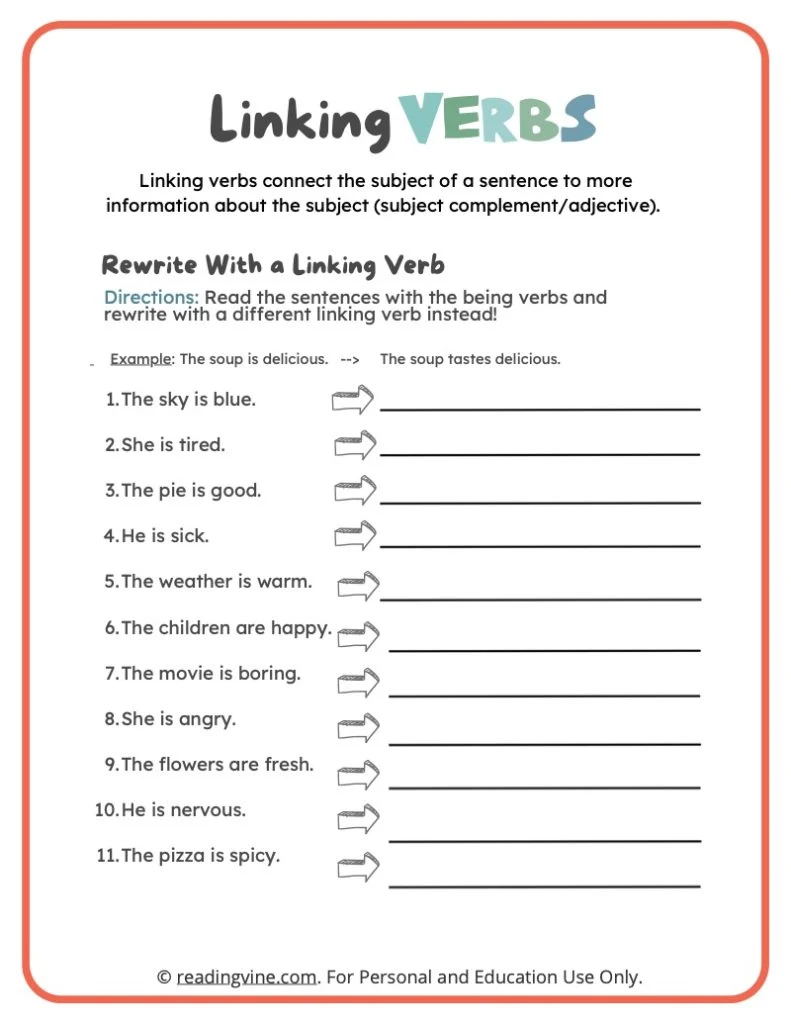 Rewriting Sentences With Linking Verbs Worksheet