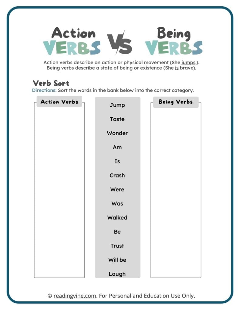 Sort the Action Verbs and Being Verbs Worksheet