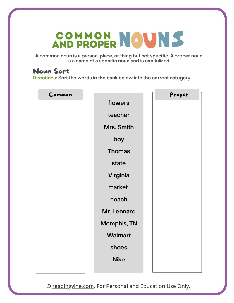 Noun Worksheets ReadingVine