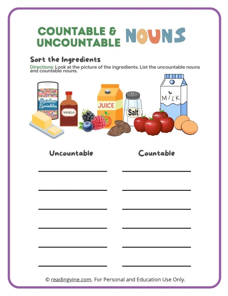 Sort the Countable Nouns and Uncountable Nouns Worksheet