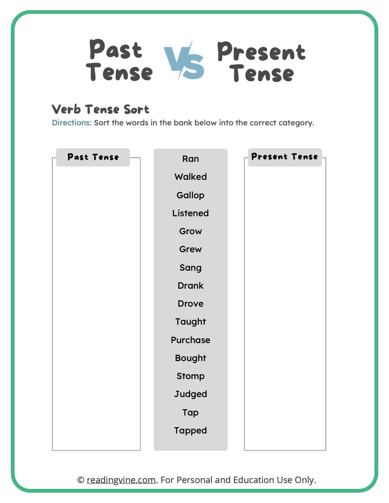 Simple Past Tense  Verb Tense Worksheet For Kids