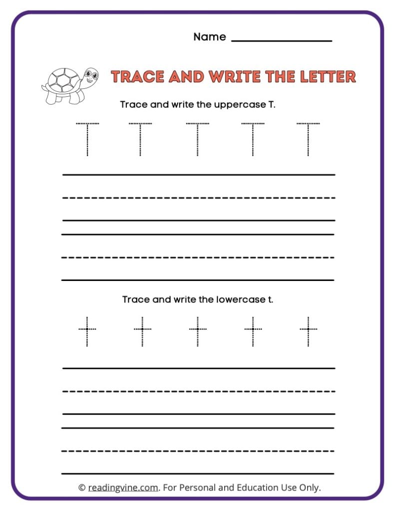 Tracing and Writing Letter T Worksheet