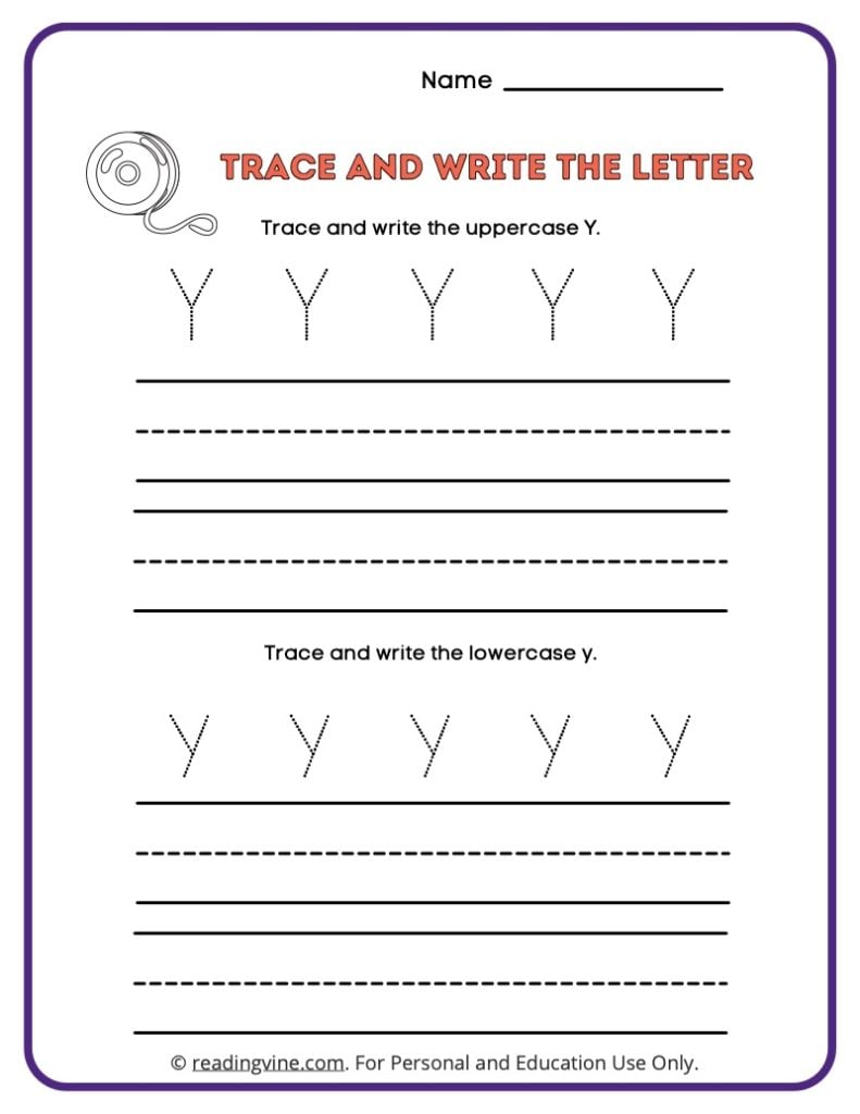 Tracing and Writing Letter Y Worksheet