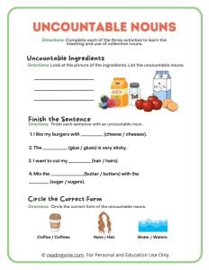 Uncountable Nouns Printable Activity