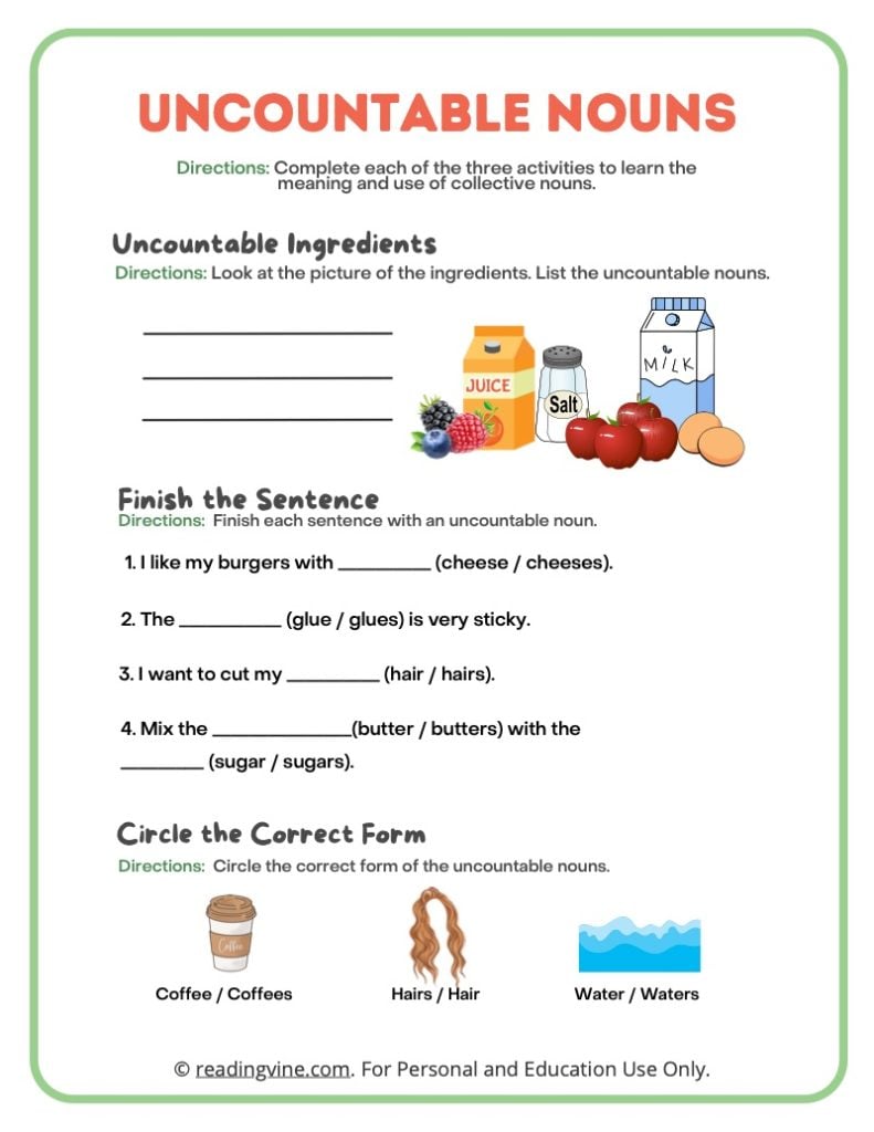 Uncountable Nouns Activity