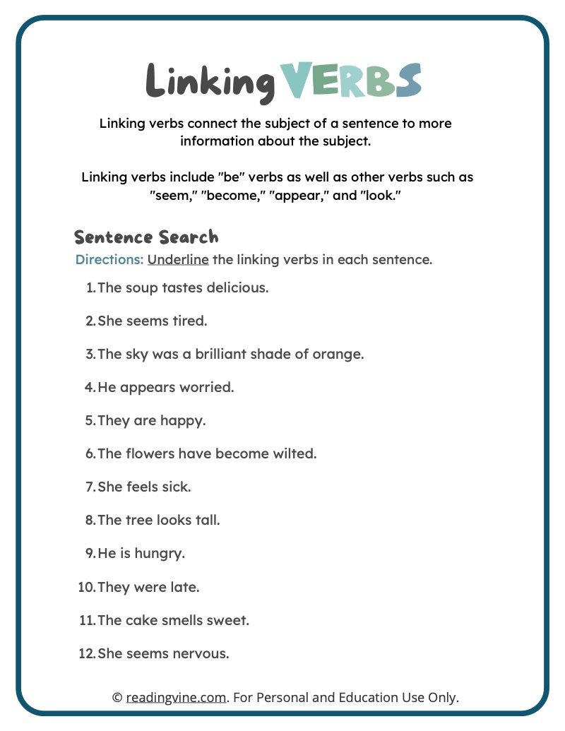 Linking Verbs Worksheets Definition And Examples
