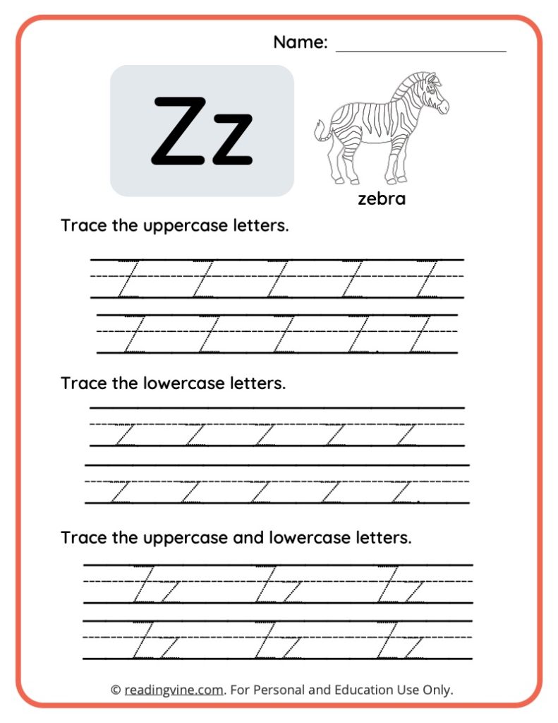 Uppercase and Lowercase Letter Z Tracing Worksheet