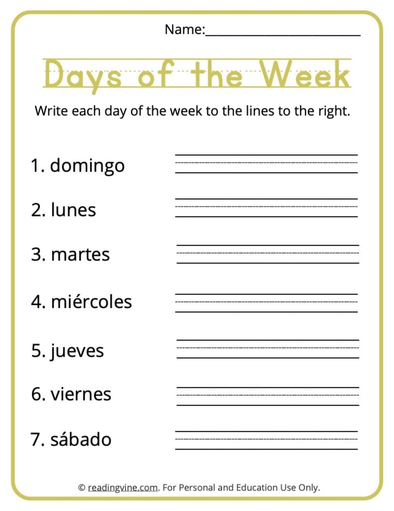 (Spanish) Write Each Day of the Week