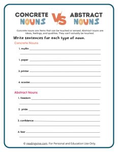 Write a Sentence Using Concrete Nouns and Abstract Nouns Activity