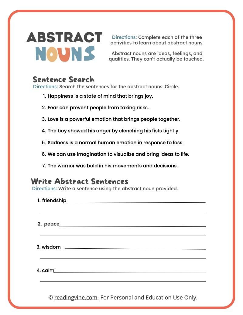 Abstract Noun Worksheets For Grade 6