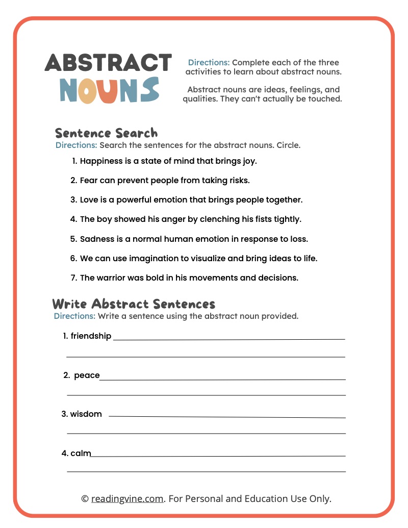 Abstract Noun Worksheets Definition And Examples ReadingVine