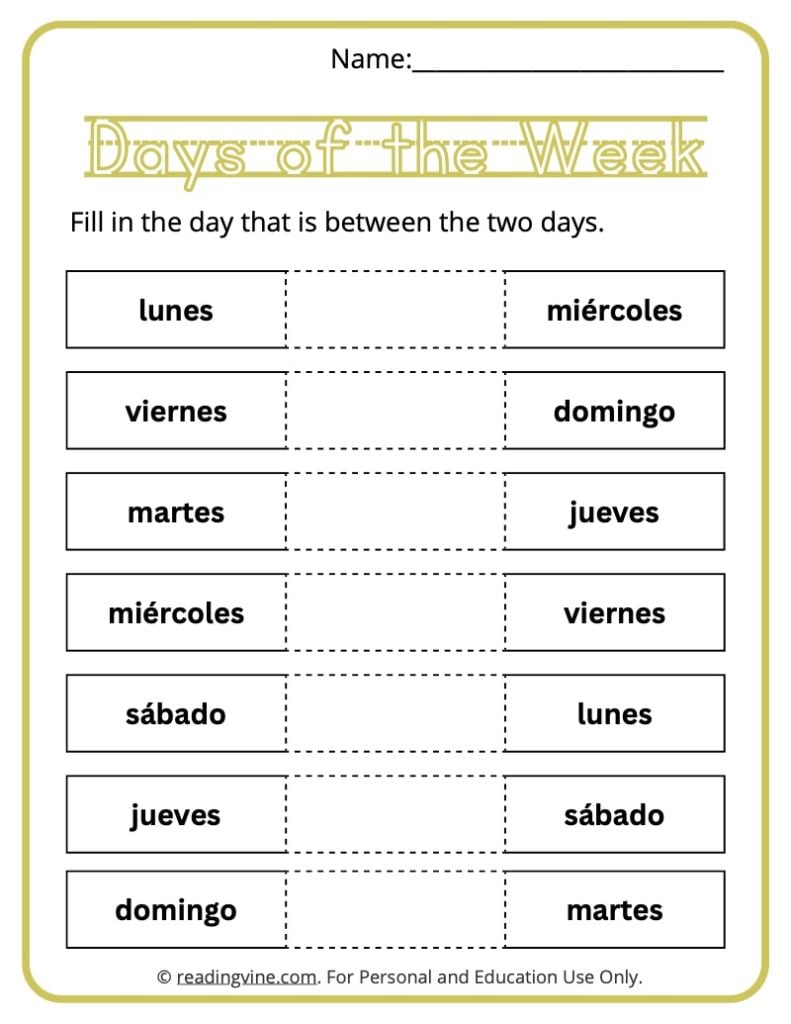 (Spanish) Write the Missing Day of the Week
