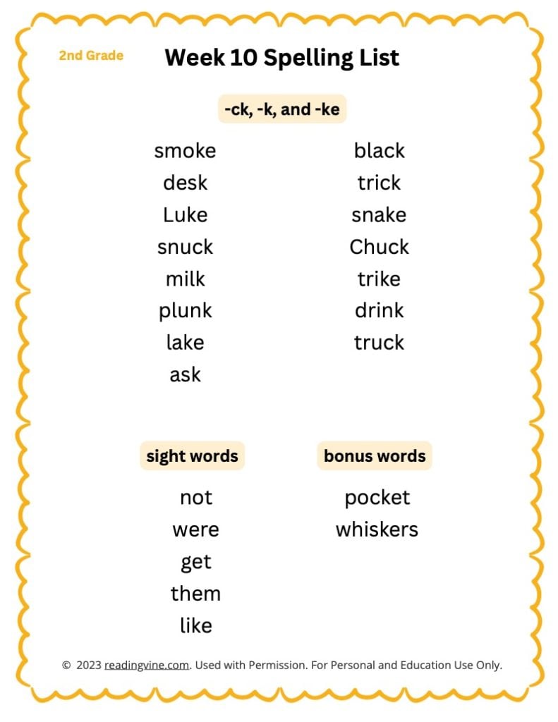 Week 10 Spelling List