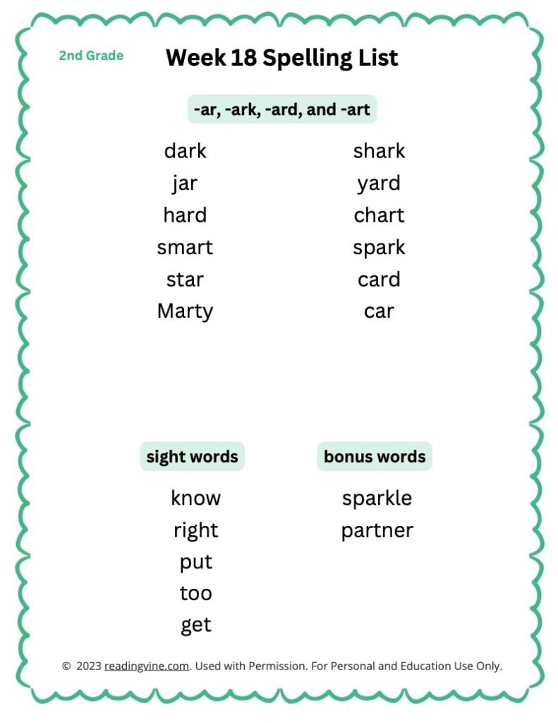 2nd grade spelling week 18 image readingvine
