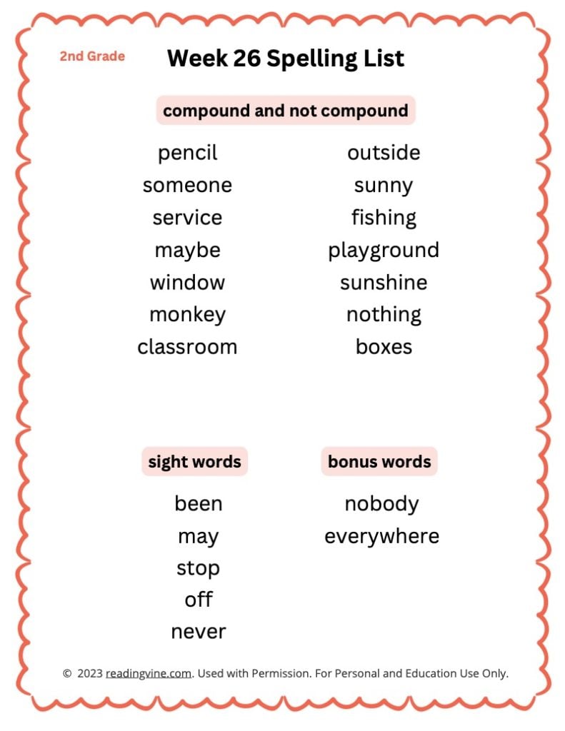 Week 26 Spelling List