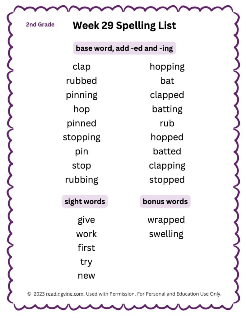 Week 29 Spelling List