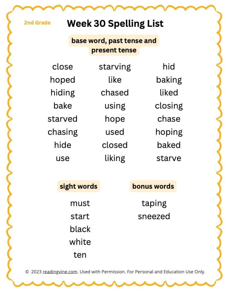 Week 30 Spelling List