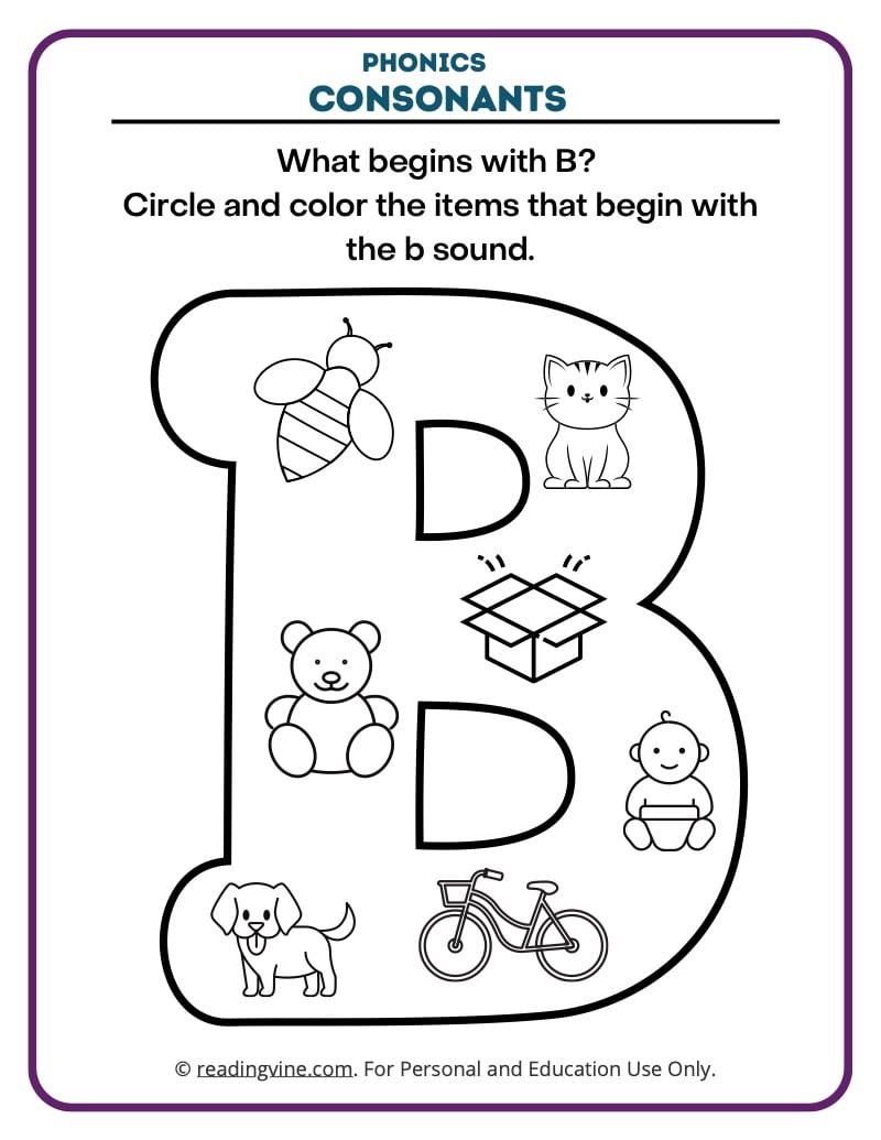 Identifying Letter Sounds in Words - The /b/ Sound Worksheet for