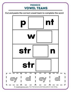 cut and paste vowel teams phonics worksheet