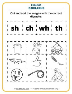 Printable cut and sort digraphs worksheet
