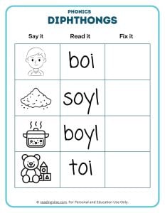 Fix the words diphthongs phonics worksheets