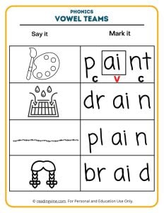 mark the word vowel teams worksheet
