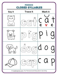 Mark the word closed syllables phonics worksheets