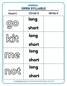 Open syllable phonics worksheet