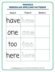 Read and write irregular spelling patterns activity