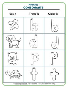 Consonants tracing phonics activity