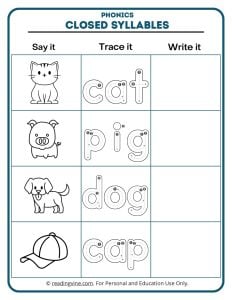 Trace and write the word closed syllables phonics activity