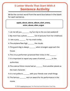 5 Letter A Words Sentence Activity