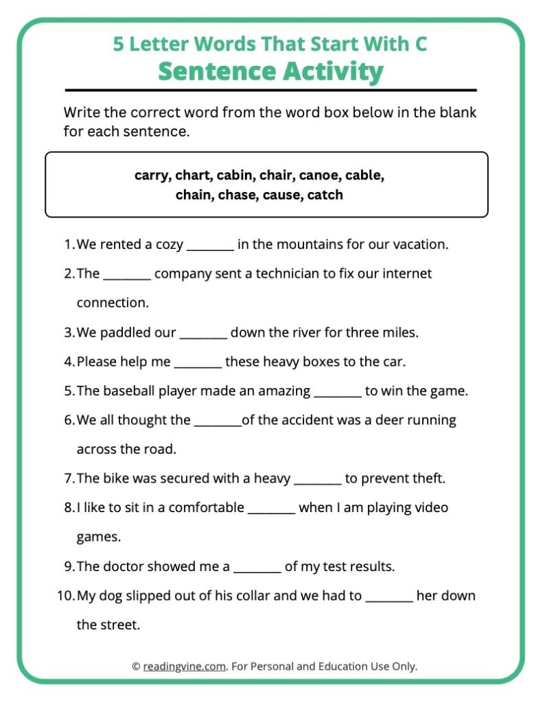 5 Letter C Words Sentence Activities