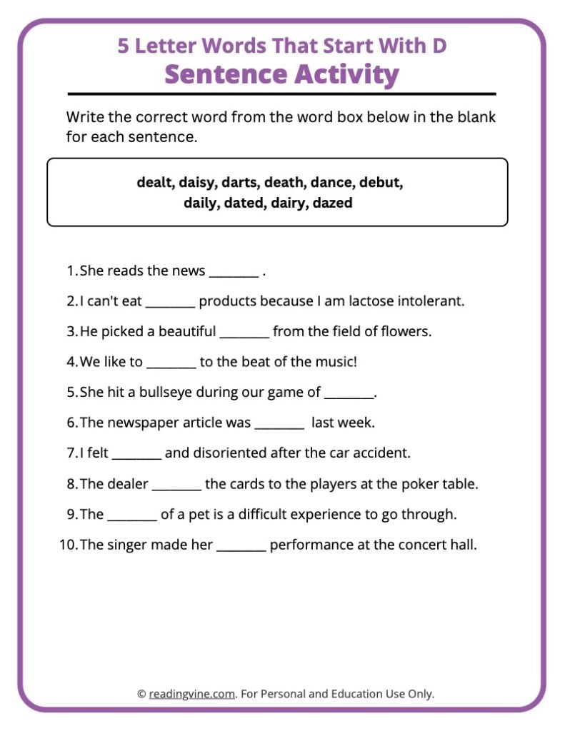 5 Letter D Words Sentence Activities