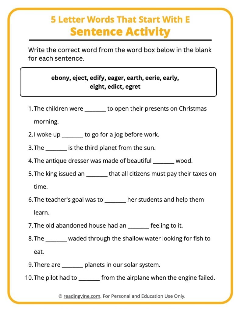 5 Letter E Words Sentence Activities