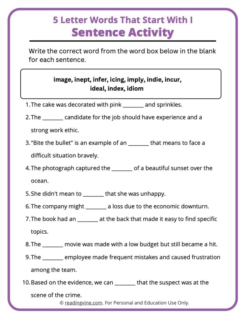 5 Letter I Words Sentence Activities