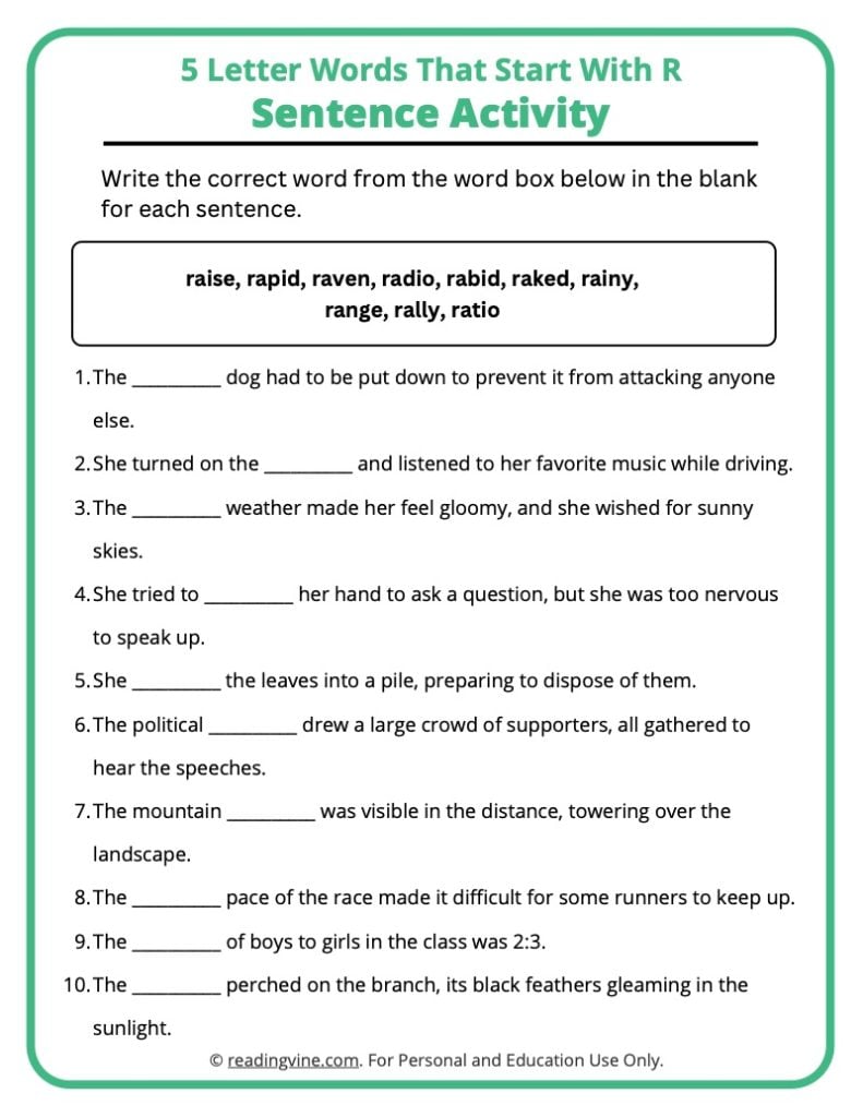 5 Letter R Words Sentence Activity