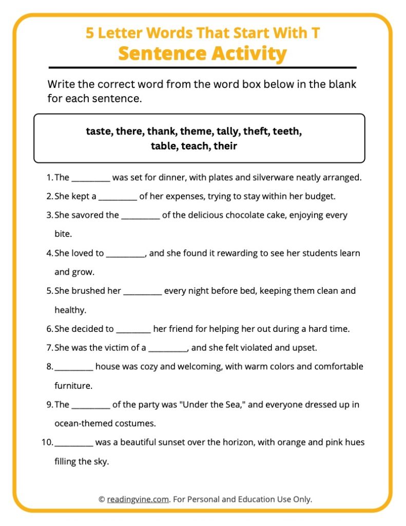 5 letter words with t