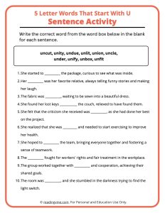 5 Letter U word sentence activity